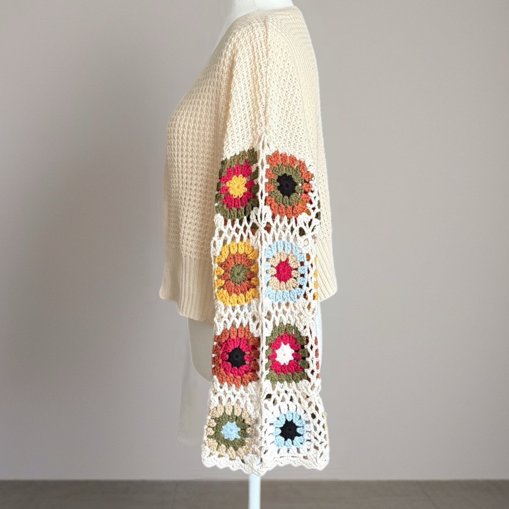 Boho Crochet Granny Square Sleeve Cardigan Cream Open Knit Sweater Size Small - Picture 5 of 16